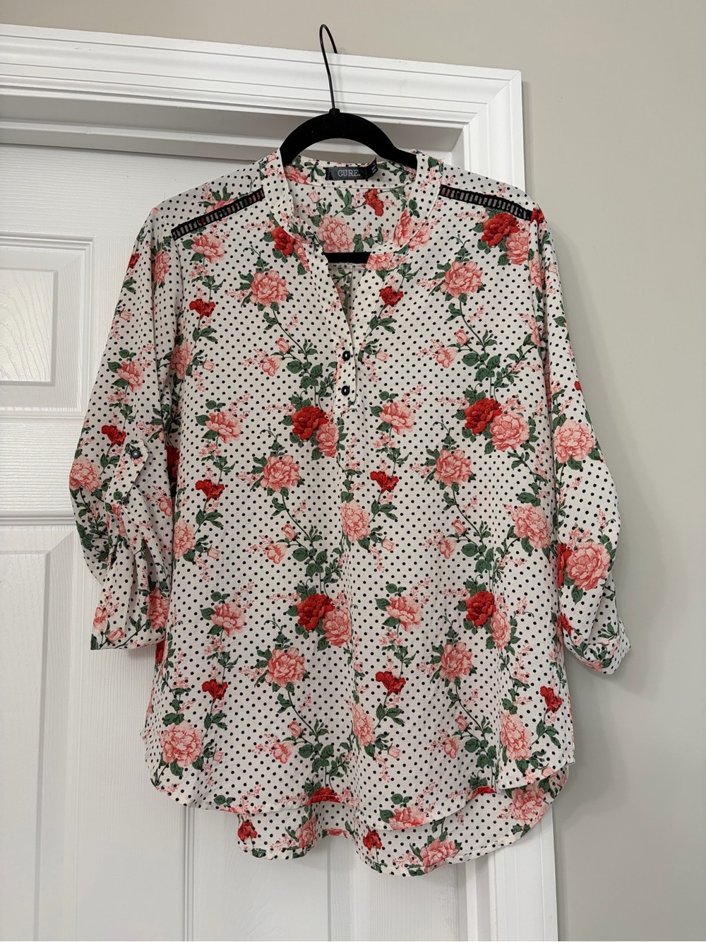 CURE Floral Polka Dot Button-Front Blouse - Pink & Red Roses